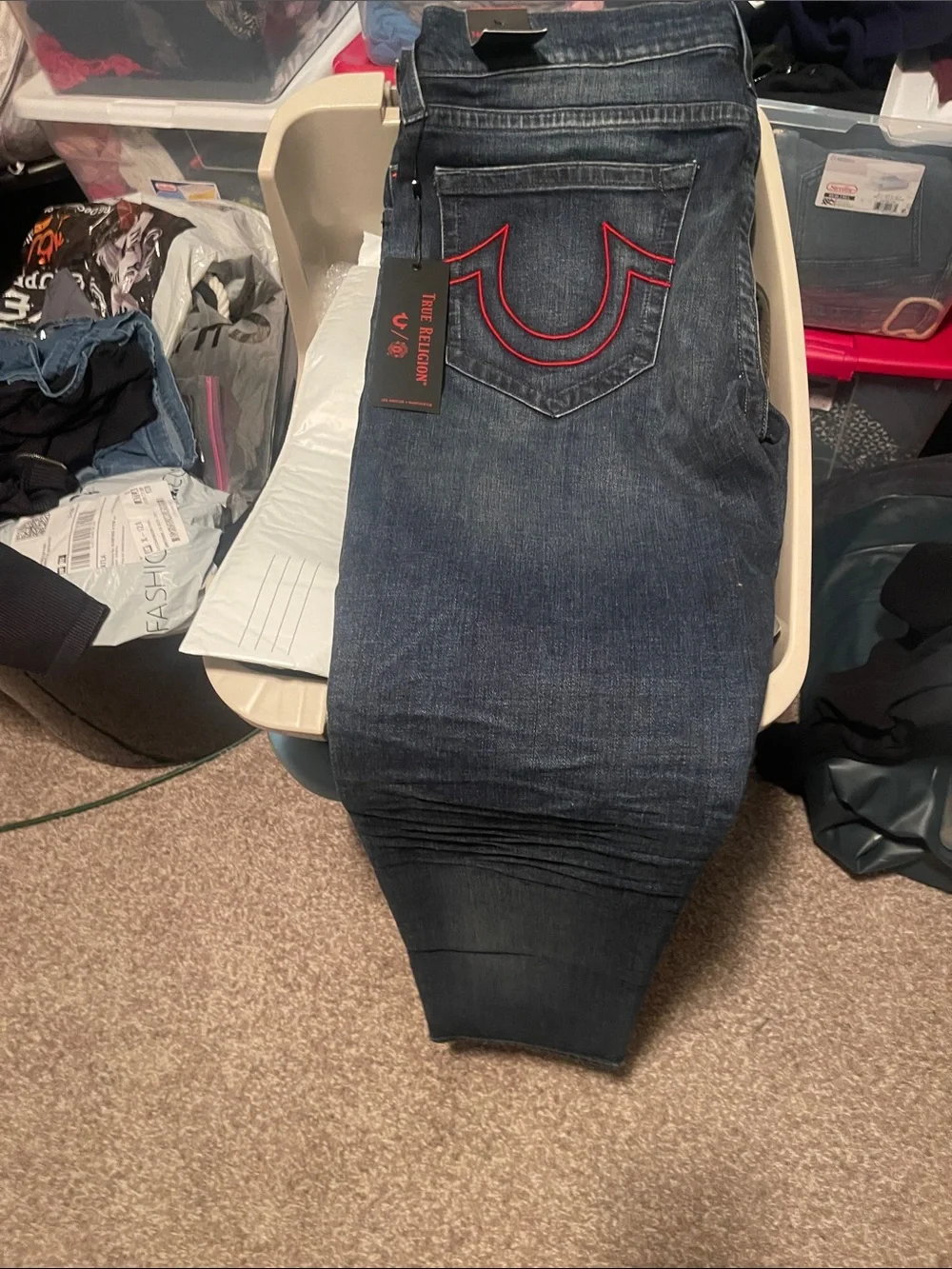 True Religion Indigo Jeans with Red Pocket Embroidery